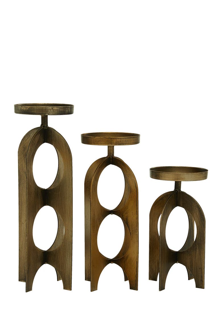 Goldtone Metal Handmade Pillar Candle Holder - Set of 3, Alternate, color, GOLD