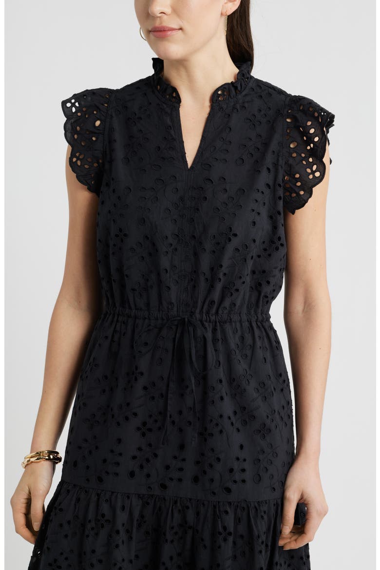 Ruffle Flutter Sleeve Cotton Broderie Anglaise Midi Dress, Alternate, color, BLACK
