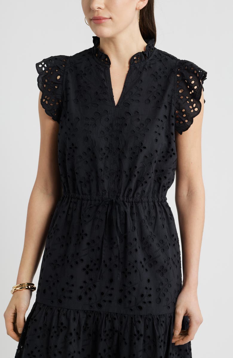 Caslon<sup>®</sup> Ruffle Flutter Sleeve Cotton Broderie Anglaise Midi Dress, Alternate, color, Black