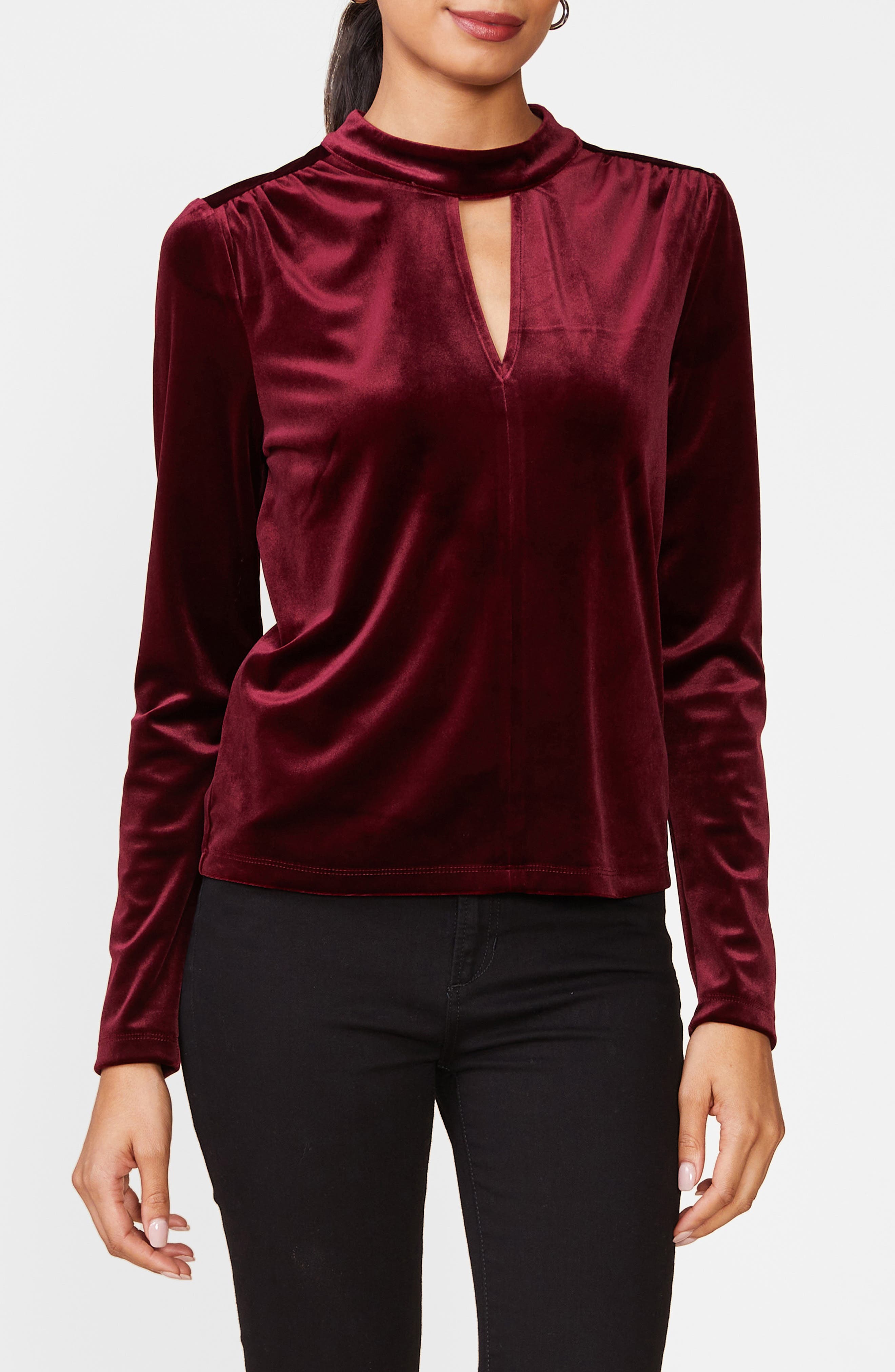 Mock Neck Keyhole Stretch Velvet Top