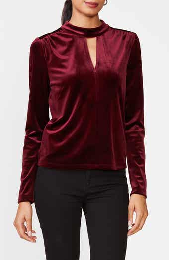 Mock Neck Keyhole Stretch Velvet Top