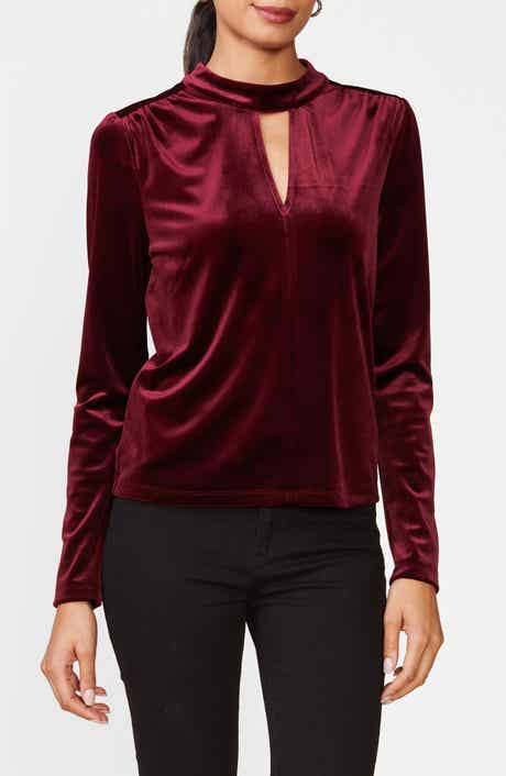 Mock Neck Keyhole Stretch Velvet Top