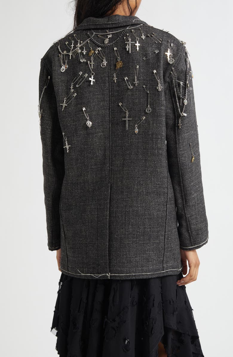 R13 Embellished Frayed Edge Ragged Virgin Wool & Linen Blazer, Alternate, color, Dark Grey