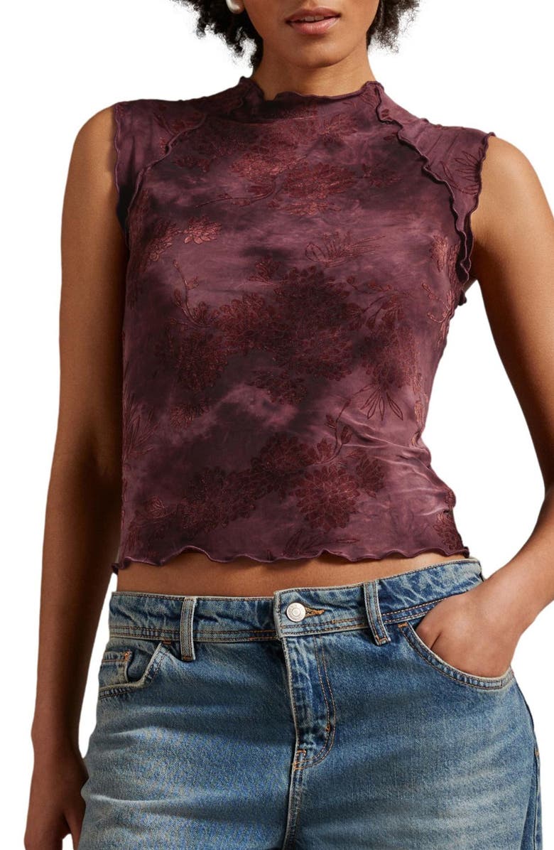 NEXT Lettuce Hem Sleeveless Flocked Floral Print Top, Main, color,