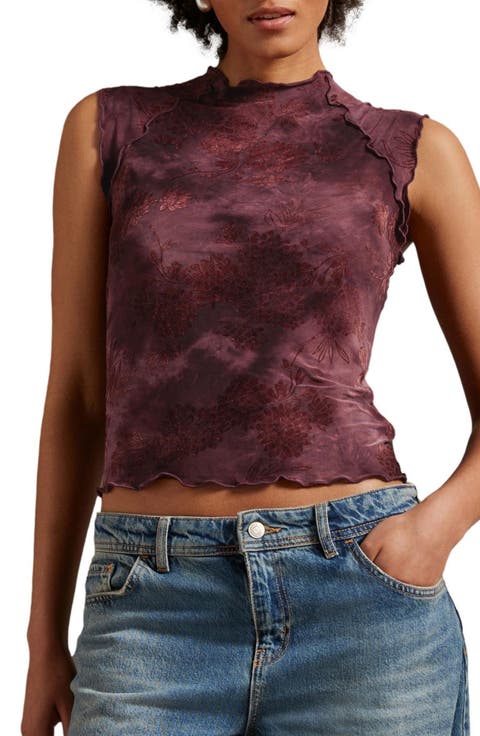 Lettuce Hem Sleeveless Flocked Floral Print Top