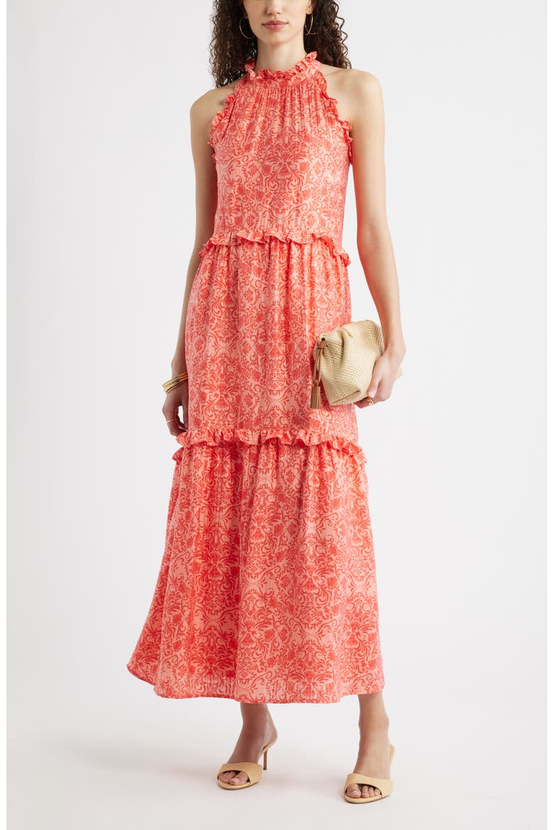 Ruffle Trim Sleeveless Maxi Dress, Alternate, color, CORAL COASTAL MEDALLION