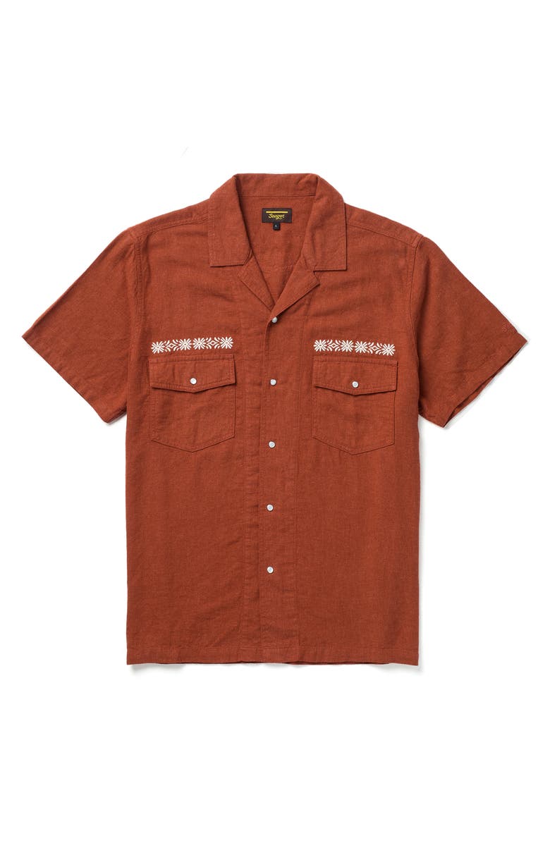 Seager Co Whippersnapper Embroidered Short Sleeve Linen Blend Snap-Up Shirt, Main, color, Red Clay
