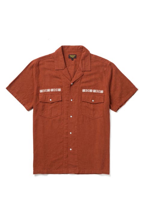 Whippersnapper Embroidered Short Sleeve Linen Blend Snap-Up Shirt