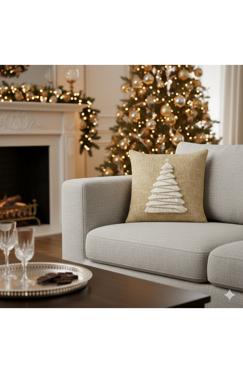 Elaine Smith Fraser Fir Handmade Applique Woven Accent Holiday Pillow, Alternate, color, Golden