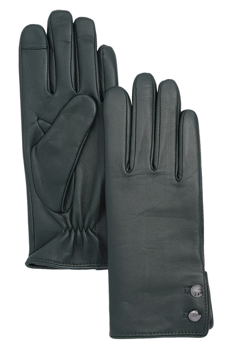 Two-Button Touchscreen Leather Gloves, Main, color, FOREST GREEN