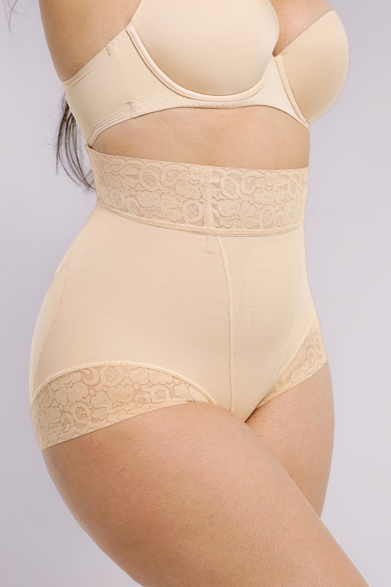Mid-Rise Lace Shaper Brief, Alternate, color, Beige