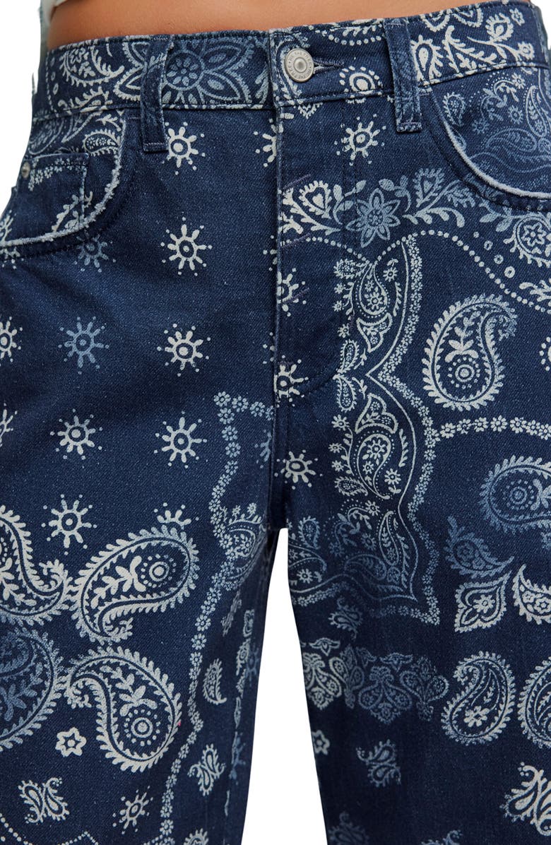 Free People Print Barrel Leg Jeans, Alternate, color, Navy Bandana