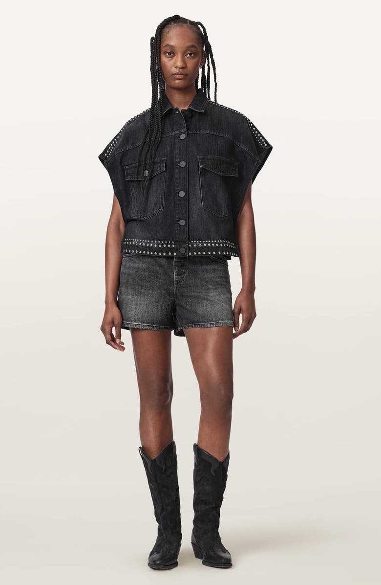AllSaints Alba Stud Detail Sleeveless Denim Jacket, Alternate, color, Shadow Black