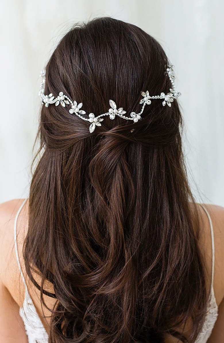 Brides & Hairpins Zaliki Crystal & Faux Pearl Halo Band, Alternate, color, Silver