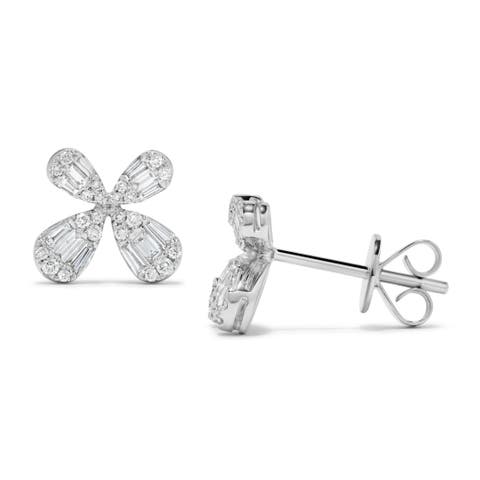 Baguette Diamond Butterfly Stud Earrings in 14K White Gold