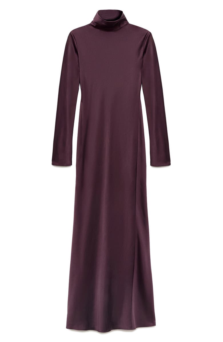 MANGO Selection Turtleneck Long Sleeve Satin Maxi Dress, Alternate, color, Burgundy