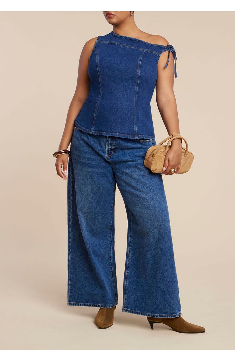 ELOQUII Asym Denim Top, Alternate, color, Medium Wash