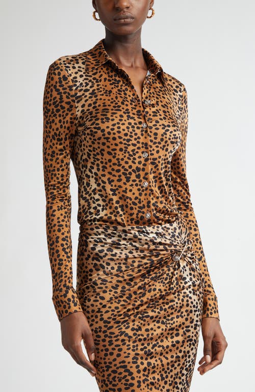 Versace Leopard Print Fitted Jersey Button-up Shirt In Natural Black