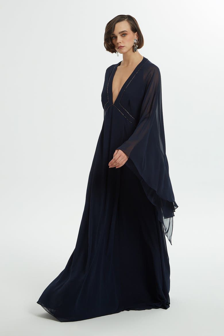 Bead-Embroidered Ruffle Sleeve Chiffon Dress, Alternate, color, Navy