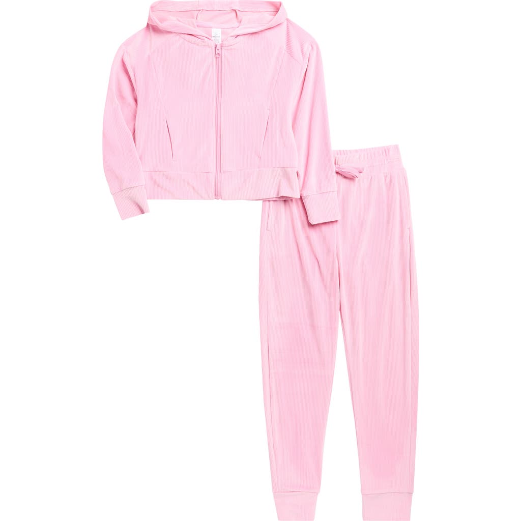 90 Degree By Reflex Kids' Rib Velour Castle Zip Hoodie & Joggers Set In Pink