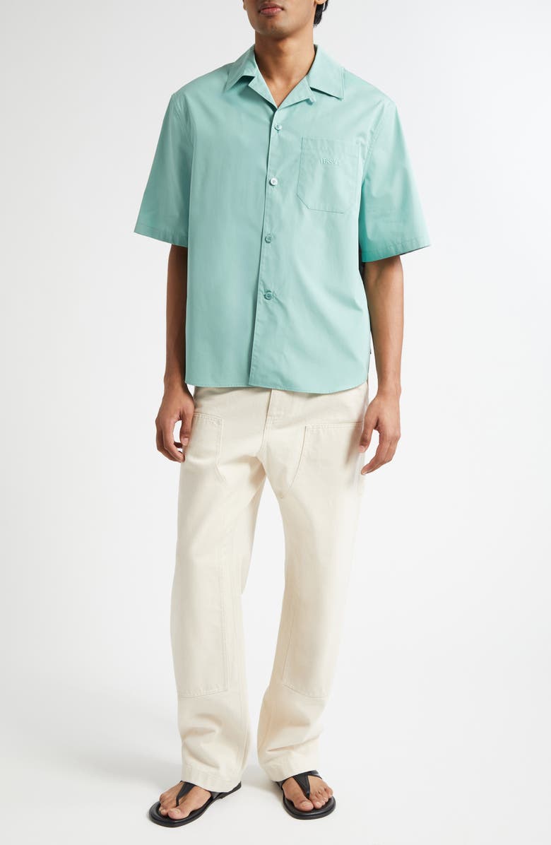 Versace Coral Theater Cotton Poplin & Silk Camp Shirt, Alternate, color, Sea Green Dark Sea Green