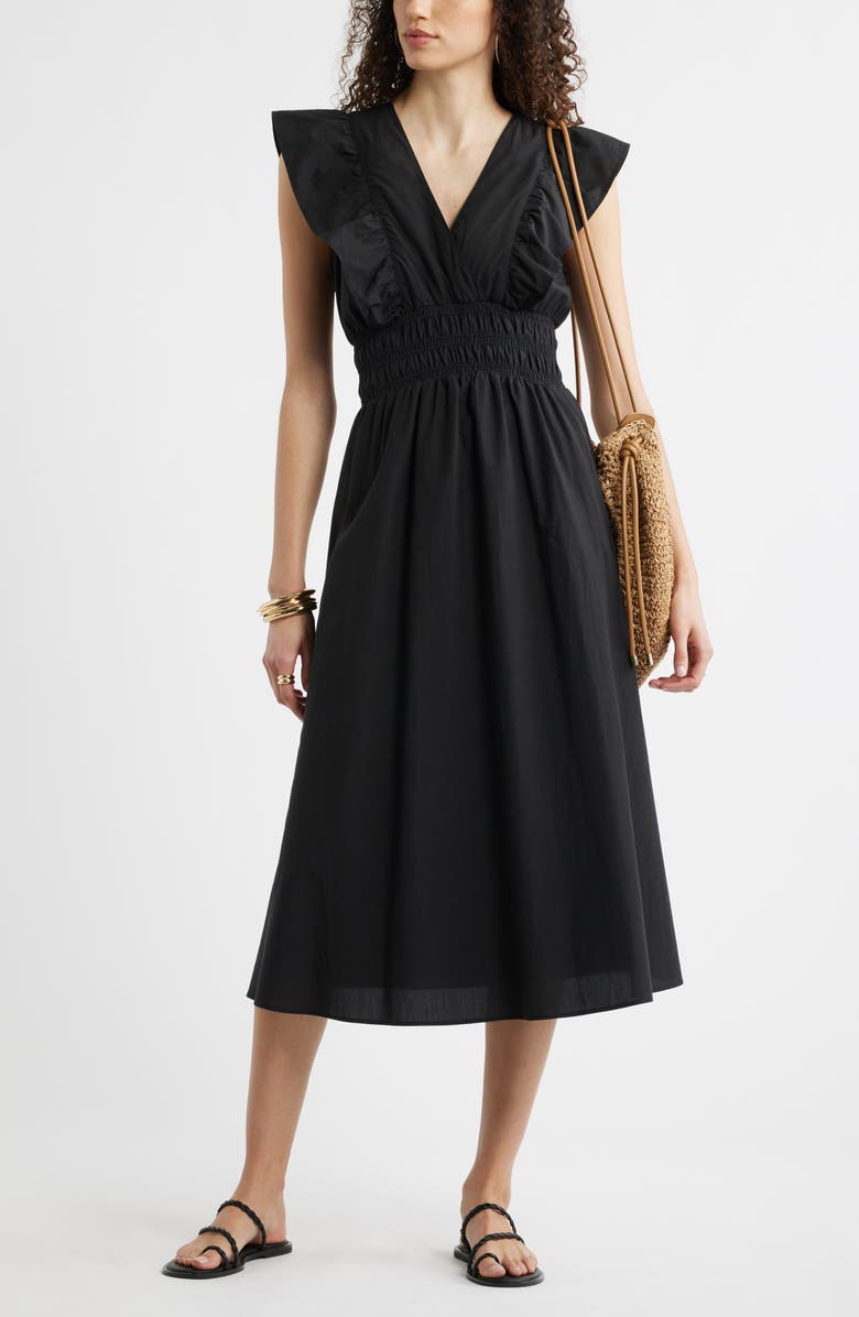 Nordstrom Flutter Sleeve Smocked Waist Midi Dress, Alternate, color, Black