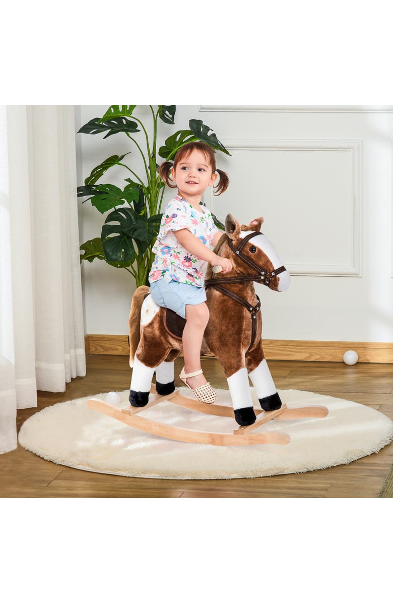 Qaba Kids Plush Toy Rocking Horse with Realistic Sounds, Alternate, color, Brown