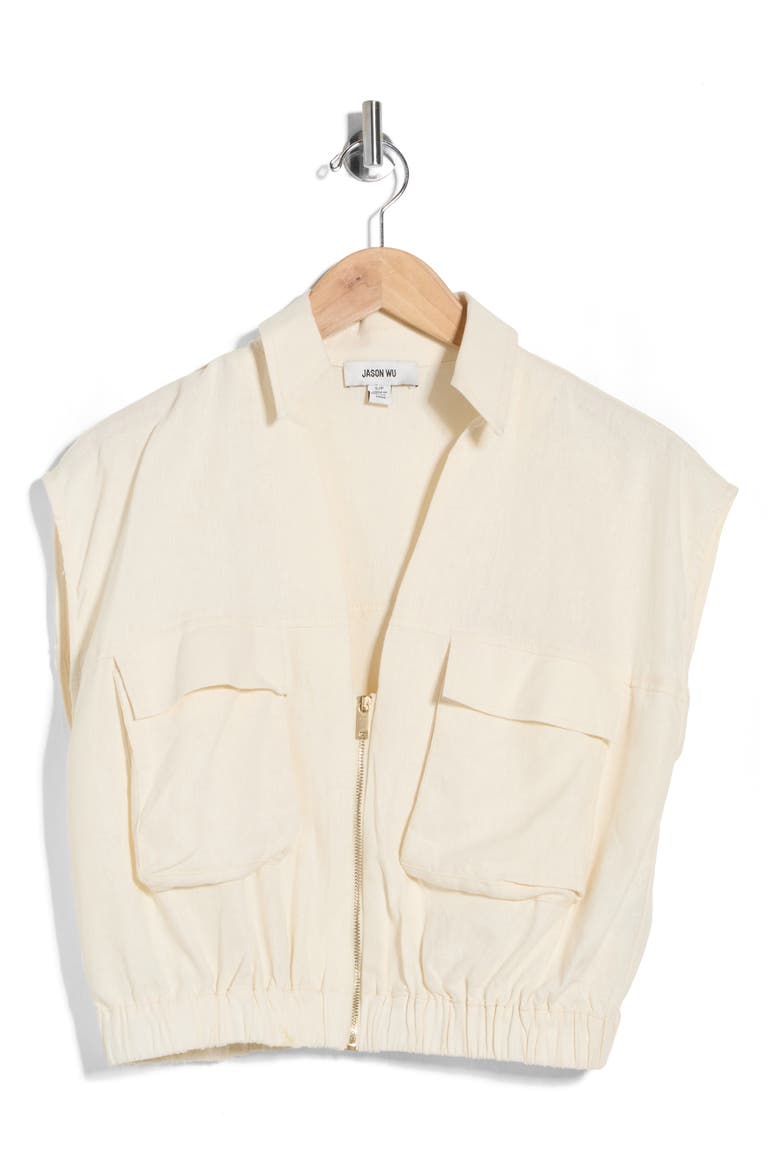 Zip Front Linen Blend Crop Top, Alternate, color, NATURE