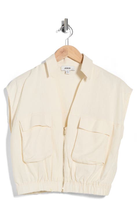 Zip Front Linen Blend Crop Top