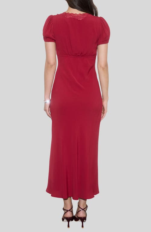 Blu Pepper Lace Trim Puff Sleeve Midi Dress In Red