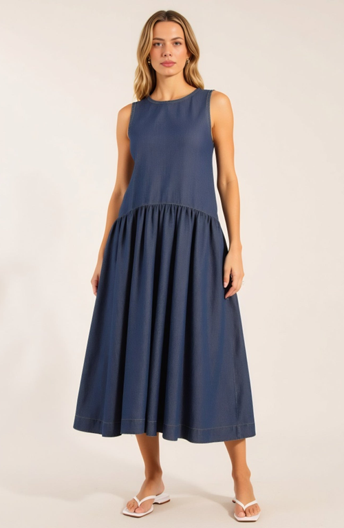 Modenaire Sleeveless Drop-waist Gathered Relaxed-fit Midi Dress In Blue