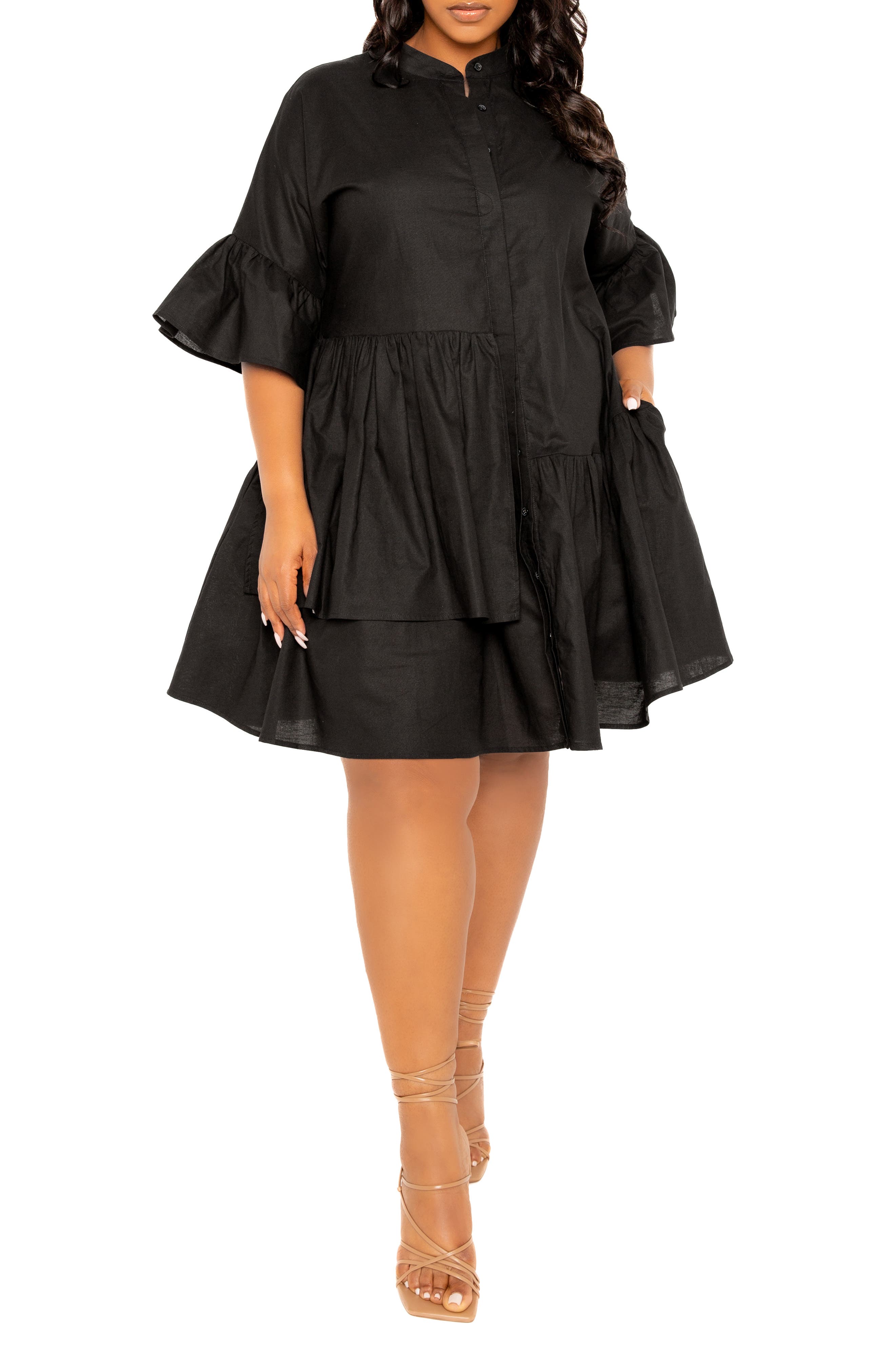 BUXOM COUTURE Flutter Sleeve Cotton & Linen Shift Dress in Black 