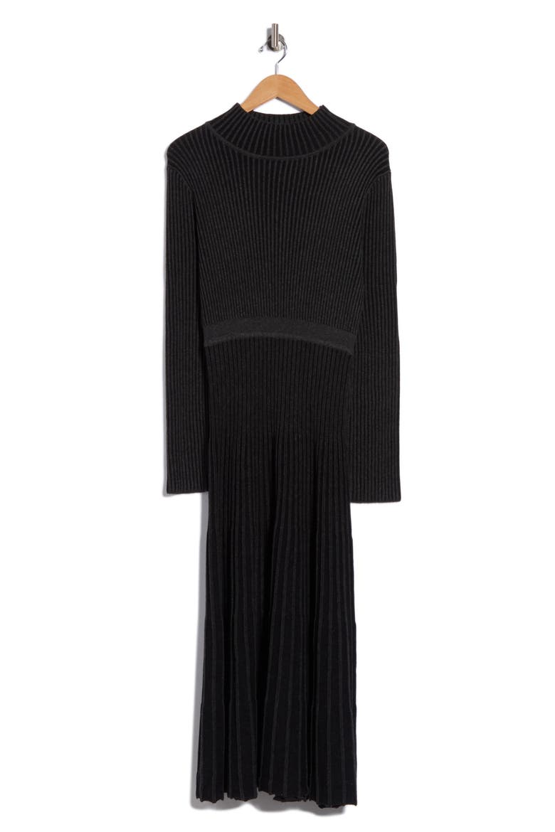 Mock Neck Long Sleeved Plaited Rib Dress, Main, color, BLACK/ CHARCOAL