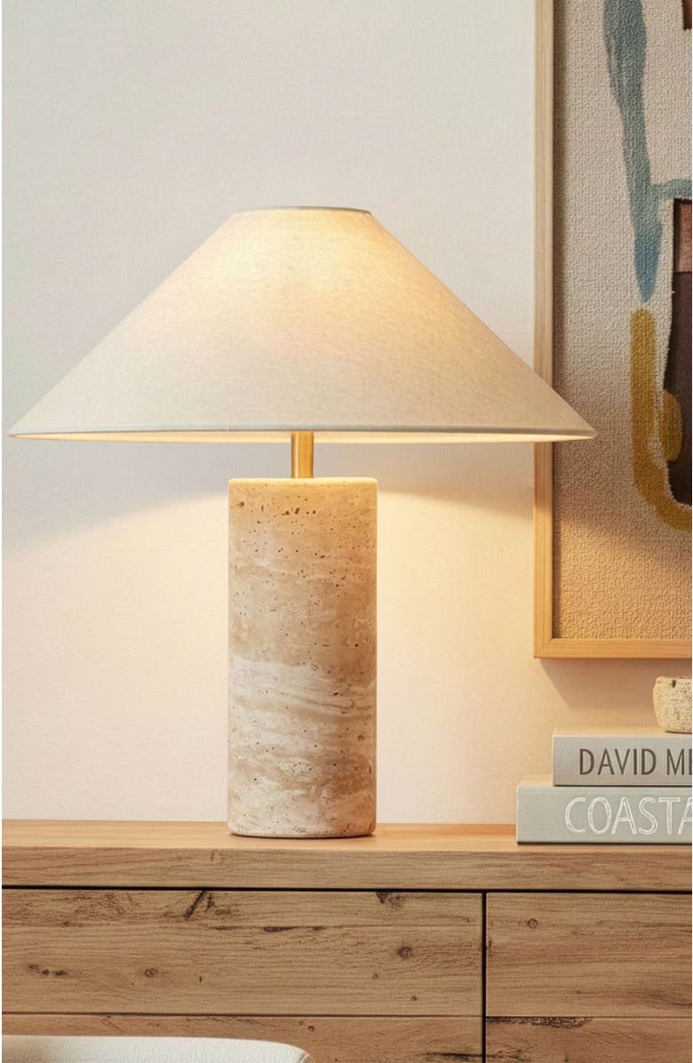 Brightech Runo 14" LED Table Lamp with Natural Stone Base, Alternate, color, Travertine
