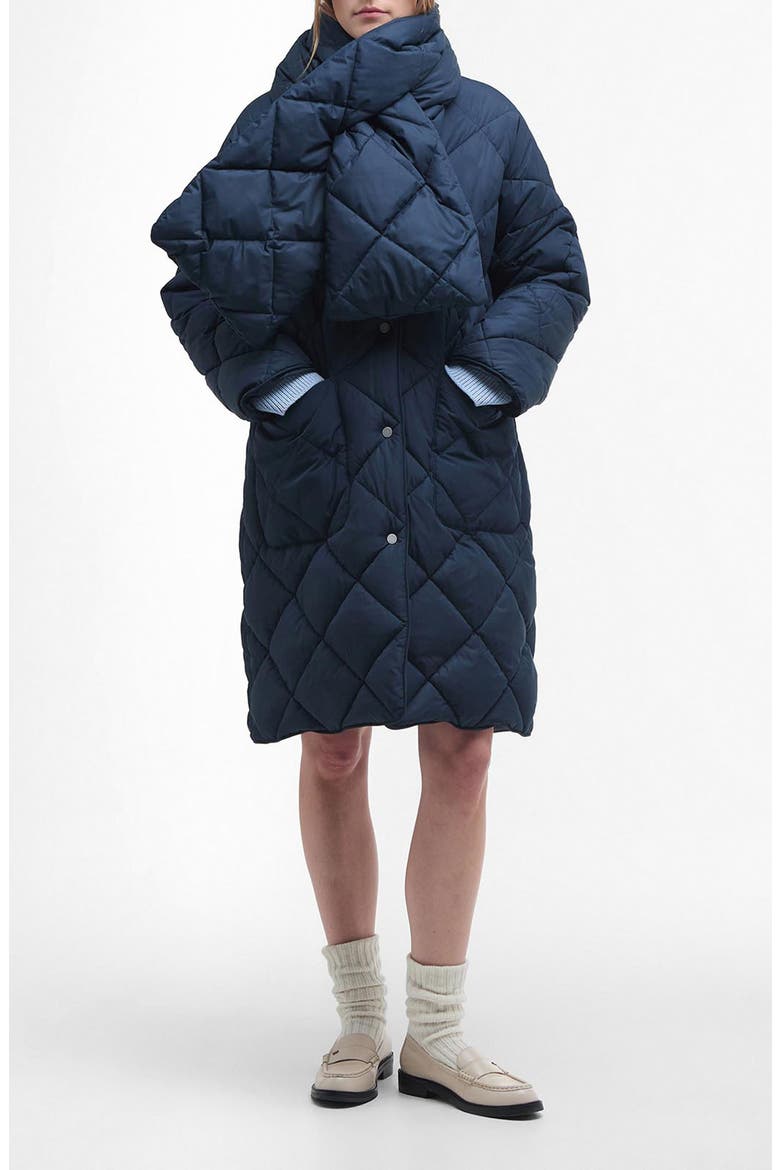 Brigitte Quilted Coat With Removable Scarf, Main, color, NAVY/ SKY DRESS TARTAN
