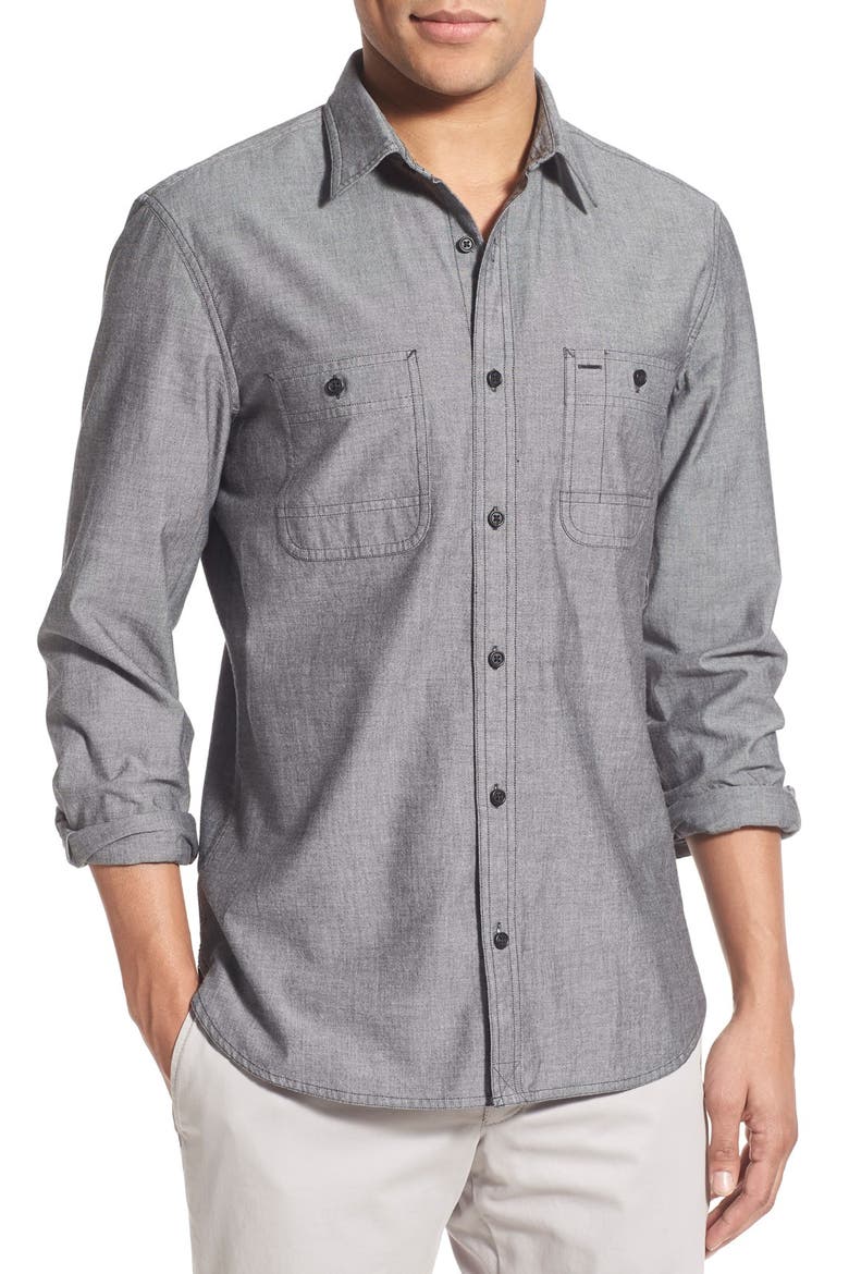 'Workwear' Trim Fit Chambray Sport Shirt, Main, color, BLACK