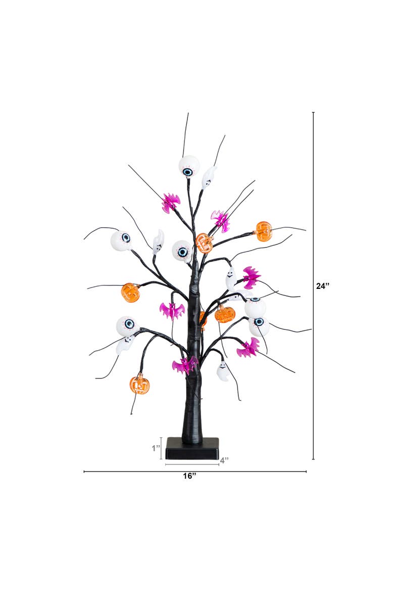 2-Ft Pre-Lit Artificial Halloween Eyeballs, Ghosts, Bats & Pumpkins 24 LED Lighted Ornament Tree, Alternate, color, Black