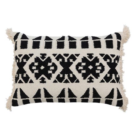 Bloomingville Handwoven Cotton Kilim Lumbar Pillow Cover with Pattern and Fringe, Black and White