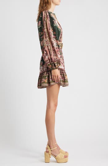 Flowering Garden Tree Long Sleeve Cotton Blend Minidress