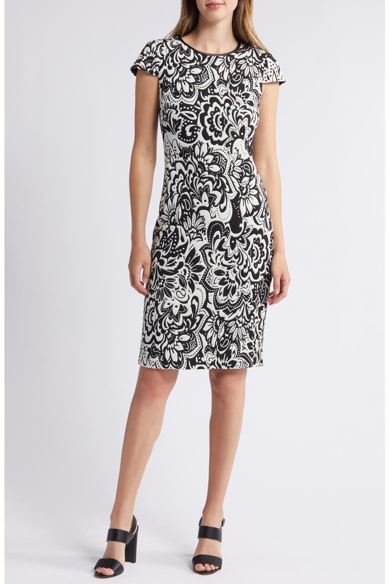 Floral Jacquard Knit Sheath Dress, Main, color, IVORY/ BLACK