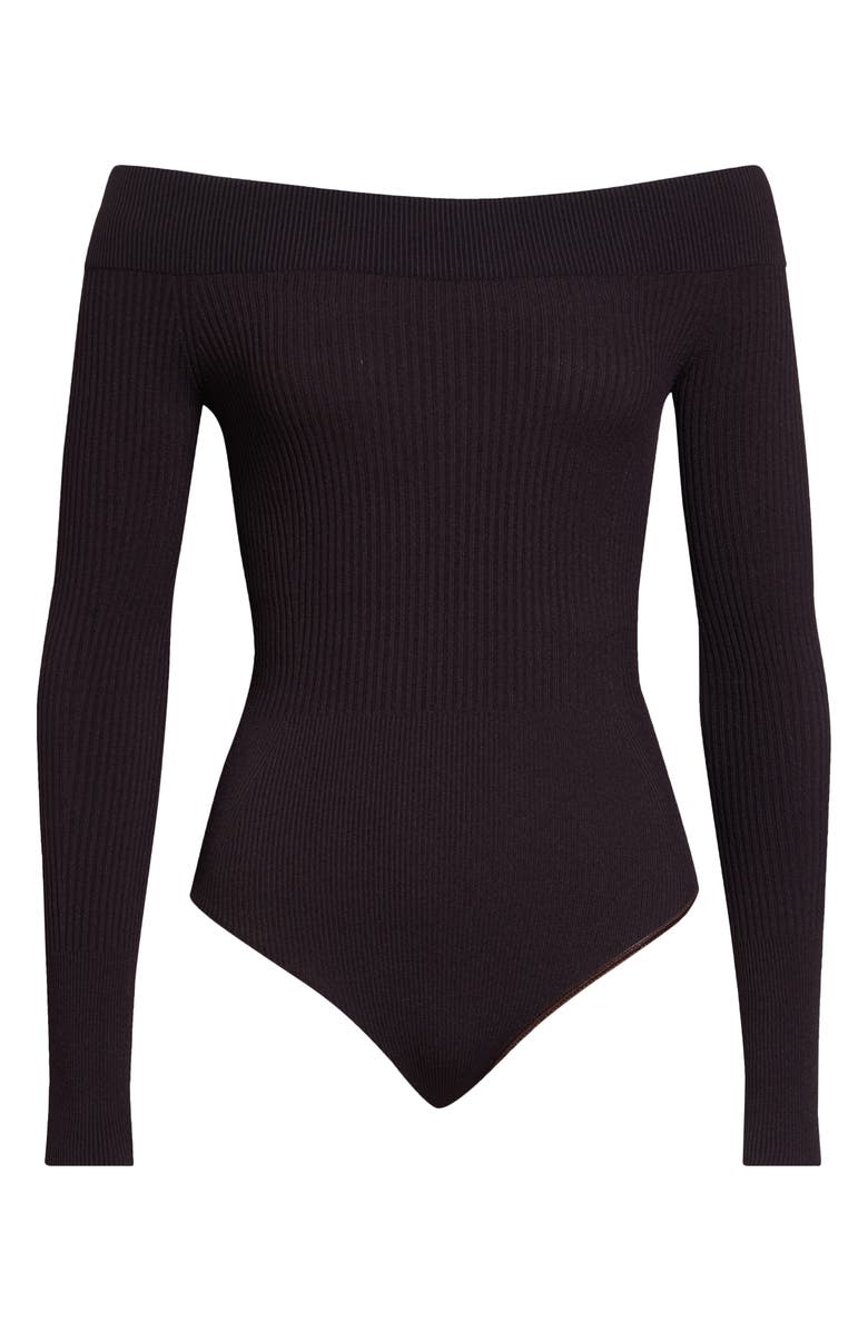 Alaïa Sculpting Rib Off the Shoulder Bodysuit, Main, color, Aubergine