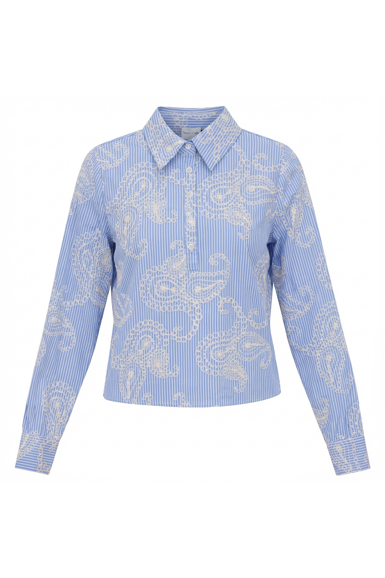 Embroidered Stripe Bubble Sleeve Button Blouse, Main, color, Blue/Cream