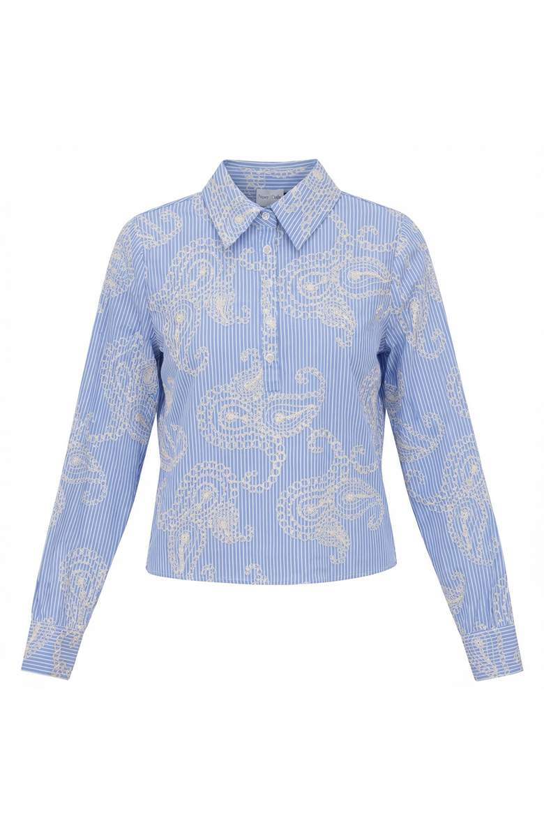 Noni Daily Embroidered Stripe Bubble Sleeve Button Blouse, Main, color, Blue/Cream
