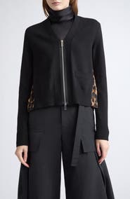 Sacai Mixed Media Leopard Trim Cotton Blend Zip Cardigan
