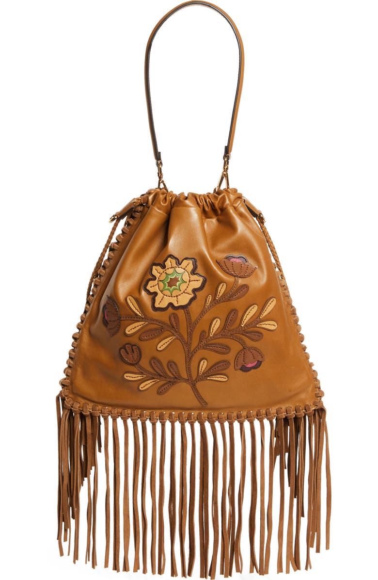 Etro Kalispera Embroidered Fringe Leather Shoulder Bag, Main, color, M0180 Dark Brown