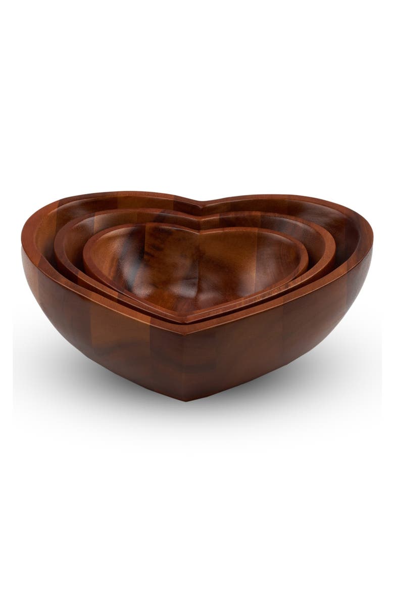 Eat Your Heart Set of Three Acacia Wood Nesting Bowls, Alternate, color, BROWN