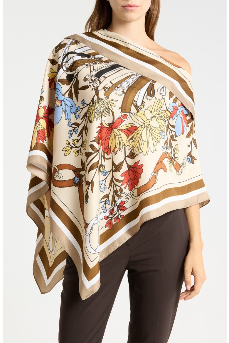 Floral Print Satin Poncho, Main, color, BROWN