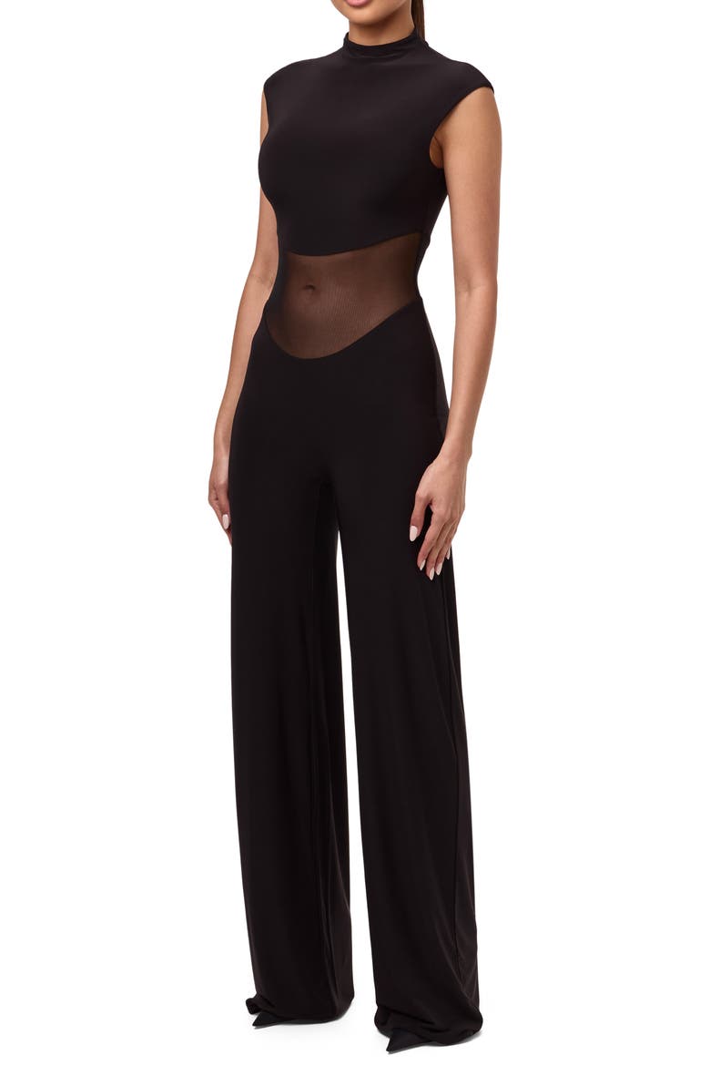 Mesh Mock Neck Jumpsuit, Alternate, color, BLACK