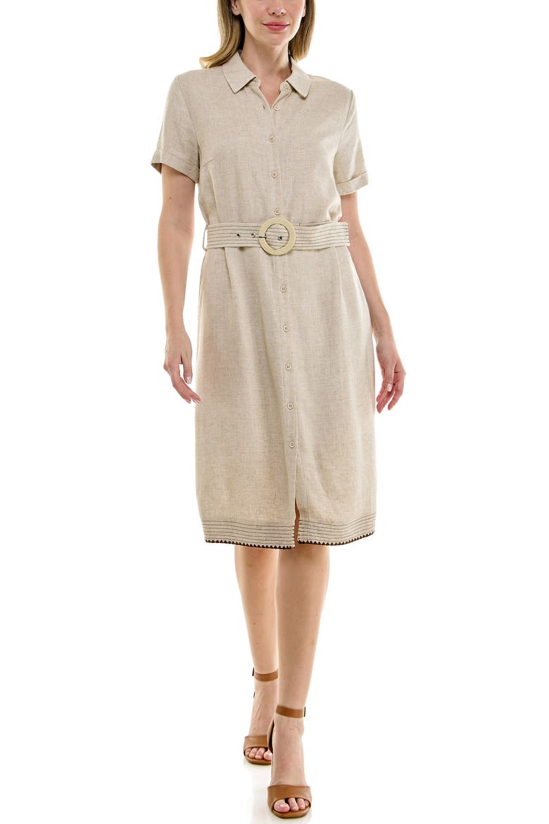 Embroidered Short Sleeve Midi Shirtdress, Alternate, color, HEATHER TAN