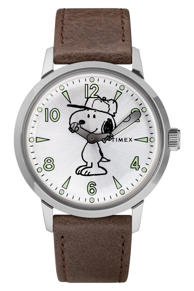 x Peanuts® Welton Vintage Snoopy Leather Strap Watch, 40mm, Main, color, BROWN/ SILVER
